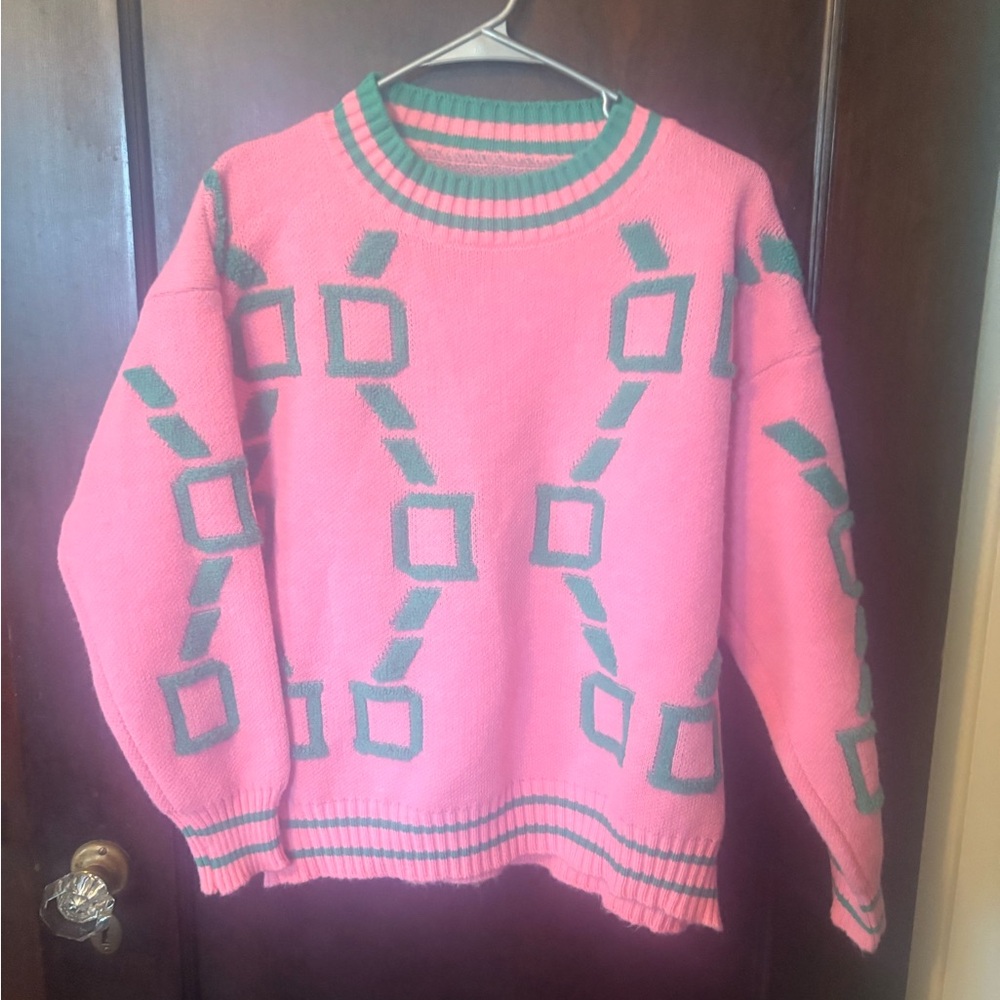 Pink and Green Geometric Women's Sweater